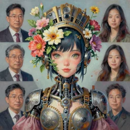 surreal gouache painting, by yoshitaka amano, by ruan jia, by conrad roset, by good smile company, detailed anime 3 d render of a female mechanical android head with flowers growing out, portrait, cgsociety, artstation, rococo mechanical costume and grand headpiece, dieselpunk atmosphere