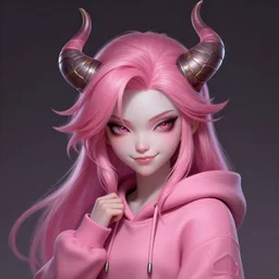 a highly detailed illustration of cute smug pink haired pale girl with horns wearing pink hoodie, dramatic smirk pose, intricate, elegant, highly detailed, centered, digital painting, artstation, concept art, smooth, sharp focus, league of legends concept art, wlop.