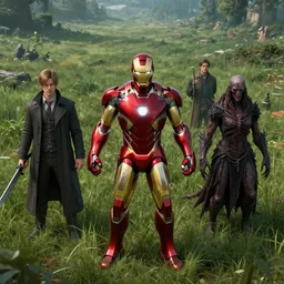 portrait of marvels ironman ( ( ( ( surrounded by grass ) ) ) ) by hr giger, greg rutkowski, luis royo and wayne barlowe as a diablo, resident evil, dark souls, bloodborne monster, courtroom, elden ring creature : : in a garden, grassy field, large field in the background