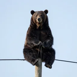the bear sits on a high pole and repairs high-voltage wires. High-resolution photo.