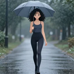 anime girl in copron tights, in full growth, beautiful appearance, curly hair, holding an umbrella and it's raining, beautiful figure
