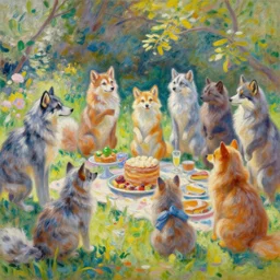 a furry backyard party painting by claude monet, highly detailed painting