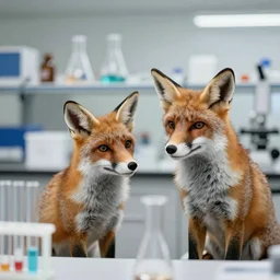 fox animals conducting experiments in a chemistry lab, award winning photograph