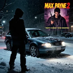 Audi A4 B6 Avant (2002), a gritty neo-noir, dramatic lighting, cinematic, eerie person silhouette, death, homicide, homicide in the snow, gunshots, establishing shot, extremely high detail, photorealistic, cinematic lighting, artstation, by simon stalenhag, Max Payne (PC) (2001) winter new york at night, In the style of Max Payne 2 graphic novel, by Saku Lehtinen, flashing lights, Poets of the Fall - Late Goodbye