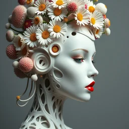 biomechanical beautiful woman portrait with a smooth carved porcelain ivory profile face, futuristic haute couture, iris van herpin, headdress with daisies, colorful puffballs, mushrooms, rhizomorphs, brackets, sponge corals, laser cut paper, red lips, leaves tendrils, hyper detailed, ultra sharp, 8 k, uhd