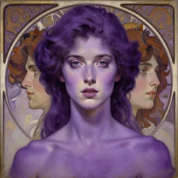purple, character portrait of purple, by charlie bowater, by tom bagshaw, by waterhouse, by mucha, lean face, symmetrical face, face symmetry, cinematic lighting, beautiful, elegant, oil painting, cinematic, portrait, raphaelite, trending on artstation, intricate background
