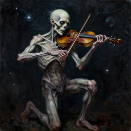 cosmic horrifying artwork of a demonic painting of a skinny living corpse playing the violin by zdzisław beksinski