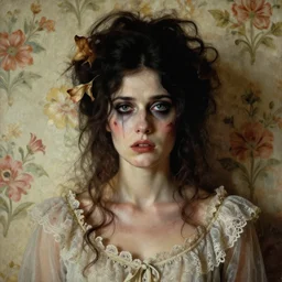 a beautiful and eerie baroque painting of a beautiful but serious woman in layers of fear, with haunted eyes and dark hair piled on her head, 1 9 7 0 s, seventies, floral wallpaper, wilted flowers, morning light showing injuries, delicate ex embellishments, painterly, offset printing technique