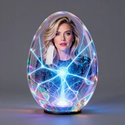 annie liebowitz portrait of a plasma energy tron candy glass egg design nicholas fruin. made up of glowing electric polygons. cinestill