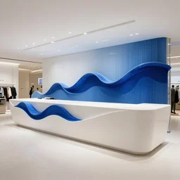 wide angle, interior design, modernism, minimalism, inside the department store counter, a counter using the waves as a design concept is made of white paint and various blues cloth, cinematic, 8 k, wave, concept art, trending on artstation, gorgeous