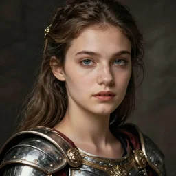 close - up portrait of beautiful young woman dressed gladiator with metallic armor, art by paolo roversi
