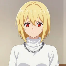 beautiful girl with red eyes, short blonde hair, ahoge hair, wearing a white turtleneck sweater, wearing a detailed chain-link necklace, arcueid, in the style of type-moon studios, extremely clean lines, anime and manga style