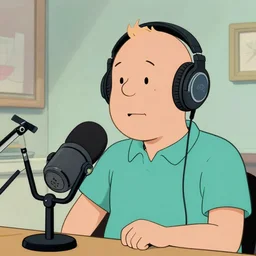 tintin wearing headphones and speaking into big microphone, podcast! in the style of jean giraud!!