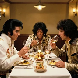 fancy dinner in heaven, including elvis, jimi hendrix, and jim morrison, eating and drinking wine, ultra realistic, highly detailed, 4 k
