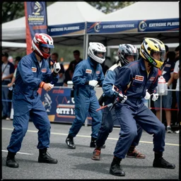Men in jumpsuits and racing helmets compete in the Extreme Plumbing Championships, 25mm, Portra, Reuters, f/1.8 film grain, contrast lighting