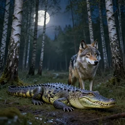 Furred chimera with crocodile's body and a wolve's head, set within a birch tree swamp, illuminated by full moon, realistic, photorealistic