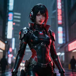 An epic comic hyperrealistic portrait anime illustration of a cyber warrrior girl wearing futuristic wardrobe, black and reddis, ultradetailed face expression trending on artstation and artbreeder, cyberpunk 2077 color, heavy rainning at tokyo street night, neon ligh, DAZ, 8k, unreal 5 engine render, cosplay, RPG portrait, final fantasy Vll world concept, dramatic lighting, rim lights, PS5 render quality