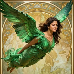 close up portrait, avan jogia as an angel flying, green feathers, alphonse mucha, rhads, ross tran, artstation, artgerm, ornate background octane render, 1 6 k
