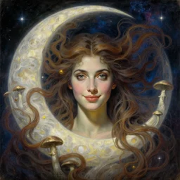 perfectly centered symmetrical portrait, front view of a beautiful mushroom moon goddess, female, flowing hair, intense stare, sweet smile, cosmic background, concept art, intricate detail, volumetric shadows and lighting, realistic oil painting by gustave dore,