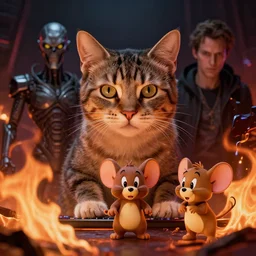 gaming cat and mouse, looking in camera, fire burning, trending on artstation, by beksinski, giger, greg rutkowski, ultra realistic