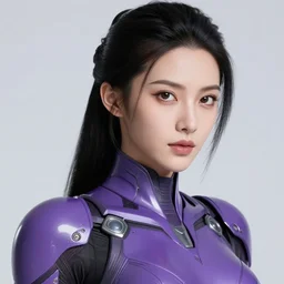 close up portrait of a beautiful woman in smooth purple sci - fi armor, long black ponytail, elegant, intense, woman, an ultrafine hyperdetailed illustration by kim jung gi, irakli nadar, intricate linework, sharp focus, bright colors, octopath traveler, final fantasy, unreal engine 5, global illumination, radiant light