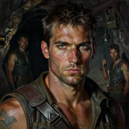 a highly detailed painting of a rugged ranger tomb raider male with piercing eyes, dimly lit dark tomb by marc simonetti and michael whelan and gerald brom
