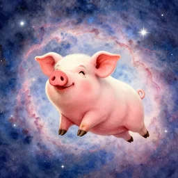a blissful pig flying through a beautiful nebula, water color