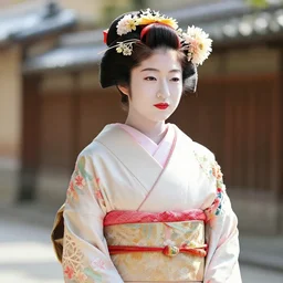 Photo of Japanese geisha with a beautiful kimono, traditional kyoto, slim waist, large chest, flowers in hair, sunny day, high detail,