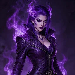 portrait of a mix between necromancer and pyromancer, female, shiny purple fire and decadence, leather coat, high fantasy, dnd, face details, extremely detailed, smooth, sharp focus, digital illustration, by artgem, rossdraws, sakimichan, chiaroscuro