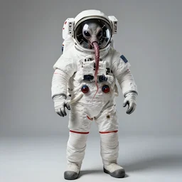 extremely detailed studio portrait of space astronaut, alien tentacle protruding from eyes and mouth, slimy tentacle breaking through helmet visor, shattered visor, full body, soft light, plain studio background, disturbing, shocking realization, award winning photo by peter lindbergh