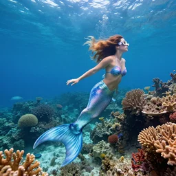 beautiful mermaid swimming underwater coral reef, 4k,