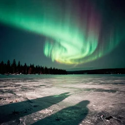 analog photo of a frozen lake, northern lights, ambient, color bleed