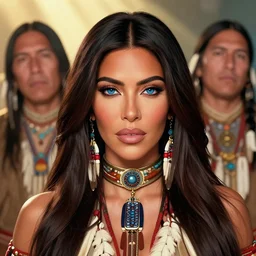portrait cartoon render of a strikingly gorgeous assiniboine and mandan round kim kardashian with blue eyes and long dark brown hair, wearing a native american choker, rossdraws, artgerm, norman rockwell, emiliano ponzi, epic composition, hd, octane, unreal engine, volumetric lighting, light rays, masterpiece, award - winning
