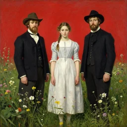 Solomon Joseph Solomon and Richard Schmid and Jeremy Lipking victorian genre painting portrait painting of a young cottagecore girl in an open field of flowers, red background