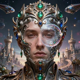 close face portrait a single face centered, man, half soap bubble mind, half symetrical highly detailed ornate with jewels and precious metals futuristic, sandman kingdom, outside view from half castle kingdom of dreams, space ships, hiperrealistc, global illumination, radiant light, cosmic detailed and intricate environment, silver, bronze, rubi, emerald, sapphire, aquamarine, art by andreas achenbach