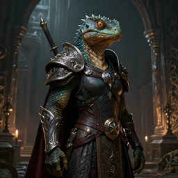 A fantasy comic book style portrait painting of a humanoid lizard, dressed as Joan of Arch. Atmospheric dark fortress, unreal 5, DAZ, hyperrealistic, octane render, RPG portrait, ambient light, dynamic lighting
