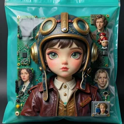 hyperrealistic detailed higher angle portrait of a cute character in ornate fighter pilot helmet, background turquoise plastic bag, circuitboard, rich deep colors, ultra detail, by francis bacon, james ginn, petra courtright, jenny saville, gerhard richter, zdzisaw beksinski, takato yamamoto. masterpiece, elegant fashion studio ighting 3 5 mm