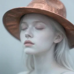 out of focus photorealistic portrait of a beautiful aesthetic pale woman by sarah moon, very blurry, translucent white skin, closed eyes, foggy, with a copper hat