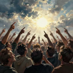 painting of a panicked crowd pointing!! towards a glowing sky, raising their arms, volumetric lighting, nasty, hyperdetailed, realistic