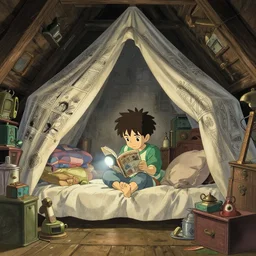 cozy attic packed with antiques and furniture, a bedsheet used as a tent a Kid reading a comic underneath with a flashlight, intricate Details, illustration , in the style of Studio ghibli, tekkon kinkreet, akira, breath of the wild, myazaki, anime, clean render, denoise, rule of thirds