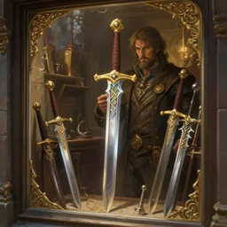 shop window for magical weapons, close up shopkeeper, magic sword, deep focus, d & d, fantasy, intricate, elegant, highly detailed, digital painting, artstation, concept art, matte, sharp focus, illustration, hearthstone, art by artgerm and greg rutkowski and alphonse mucha