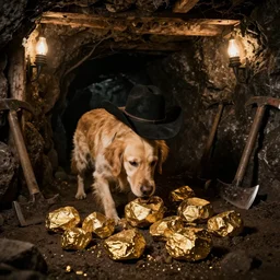 a dirty golden retriever finding many large gold nugget piles in a dark mine and wearing a black western hat and jacket, dim moody lighting, wooden supports and wall torches and pick axes, cinematic style photograph