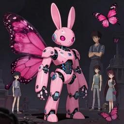 concept art of a cybernetic robot pink rabbit. bunny robot cyborg extremely detailed in inricate, iconic character, gapmoe yandere grimdark, butterfly trending on pixiv fanbox, painted by greg rutkowski makoto shinkai takashi takeuchi studio ghibli, akihiko yoshida