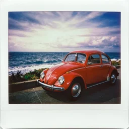instax polaroid film photo of a candy apple red metallic volkswagen bug next to the ocean, nostalgia, faded glow, expired film analog photography, grainy texturized dusty, saturated colorized