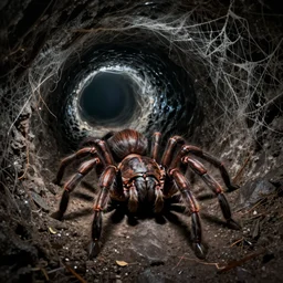 a monstrous tarantula in a dark tunnel, cobwebs, in the style of ralph horsley, dramatic lighting, atmospheric, low angle, wide angle, hyper - realistic, concept art, highly detailed digital painting, trending on artstation