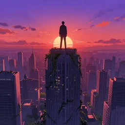 shadowed human figure atop a skyscraper overlooking a half sunken metropolis covered in vines, purple and red hues in the sky from the sunset, many skyscrapers, anime art style