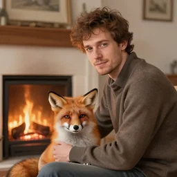 A warm and detailed portrait of a man and his pet fox by the fireplace, highly detailed digital art, soft colours