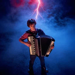 dwight schrute playing the accordion, dramatic scene, blue fog, red lightning, ultra wide angle, movie still, photorealistic, stranger things, netflix, upside - down, colorful lighting, grainy, aerial shot, shot from above
