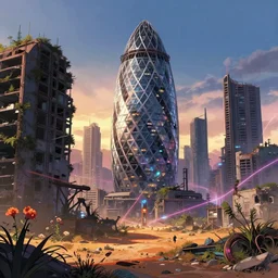 a beautiful detailed anime illustration of abandoned city nature unfinished building abandoned place building architecture industrial architecture by norman foster, anime futuristic postcyberpunk landscape bladerunner 2 0 4 9 at dawn uv light vaporwave desert flowers laser, archdaily, wallpaper, highly detailed, trending on artstation.