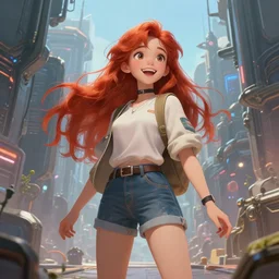beautiful cute red haired joyful and playful nineteen year old young girl standing up, casual clothing, long hair, cyberpunk city, rpg character, sci - fi, fantasy, intricate, elegant, digital painting, artstation, concept art, smooth, 8 k frostbite 3 engine, ultra detailed, art by artgerm and greg rutkowski and magali villeneuve